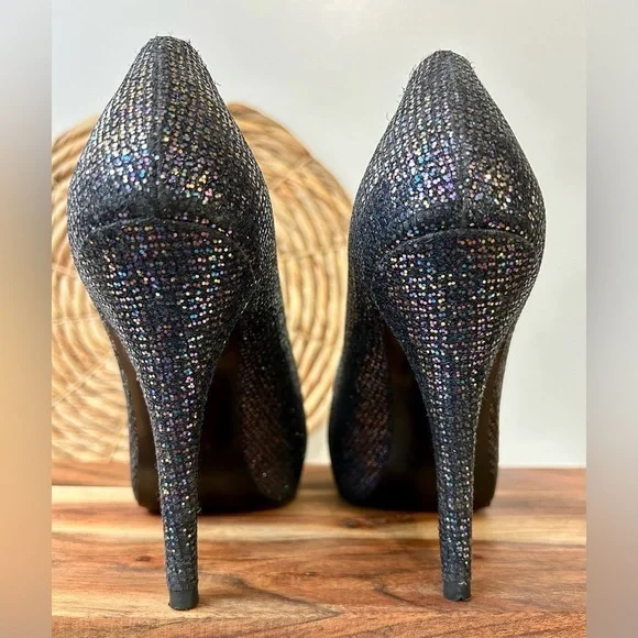 Stuart Weitzman Evabaton Perp Toe Platform Evening Pumps Iris Glitter Size 8.5